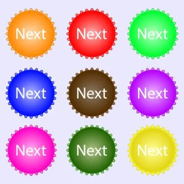 Next sign icon. Navigation symbol. A set of nine different colored labels. Ve Illustration