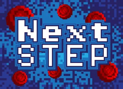 Next Step. Pixelated word with geometric graphic background. Vector cartoon i Stock Illustration