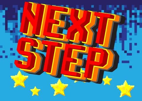 Next Step. Pixelated word with geometric graphic background. Vector cartoon i Illustrazione stock