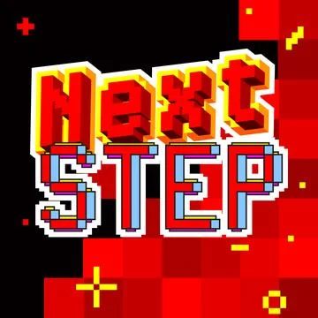Next Step. Pixelated word with geometric graphic background. Vector cartoon i Stock Illustration