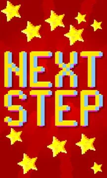 Next Step. Pixelated word with geometric graphic background. Vector cartoon i 스톡 일러스트