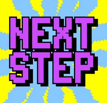 Next Step. Pixelated word with geometric graphic background. Vector cartoon i Stock Illustration