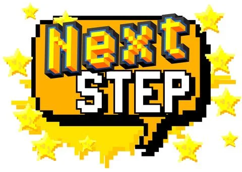 Next Step. Pixelated word with geometric graphic background. Vector cartoon i Stock Illustration
