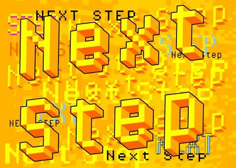 Next Step. Pixelated word with geometric graphic background. Vector cartoon i Stock Illustration