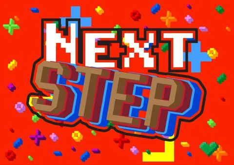 Next Step. Pixelated word with geometric graphic background. Vector cartoon i Stock Illustration