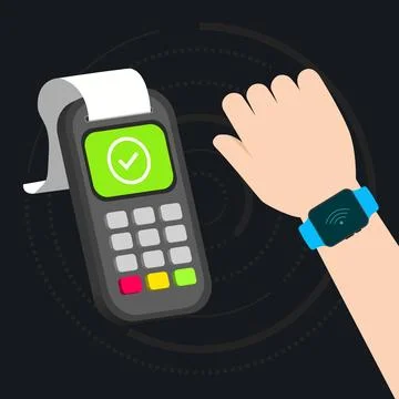 Nfc cashless transaction proccess with payment terminal and smart watch Stock Illustration