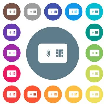 NFC chip card flat white icons on round color backgrounds Stock Illustration