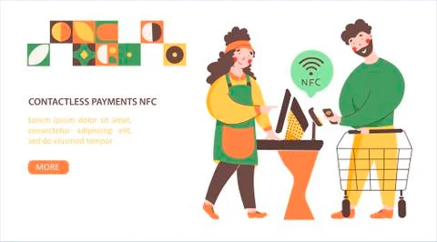 NFC - Contactless payment, flat vector landing page template. Payment from Stock Illustration