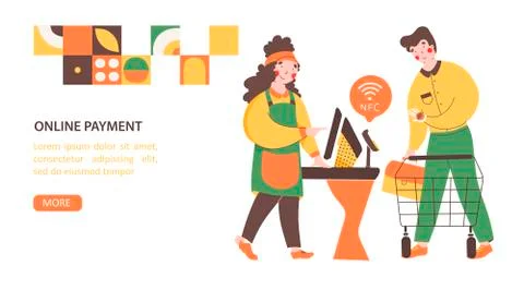 NFC - Contactless payment, flat vector landing page template. Payment from Stock Illustration