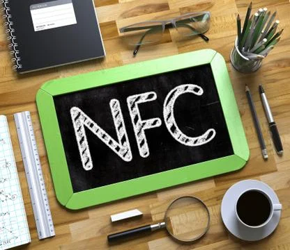 NFC Handwritten on Small Chalkboard. 3D Render. Stock Illustration