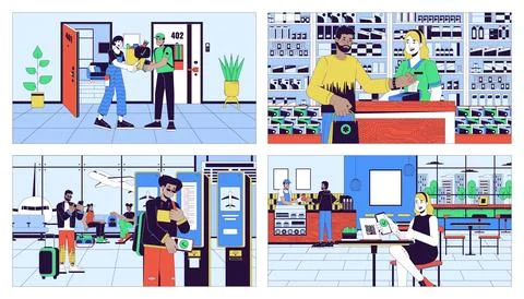 NFC mobile banking cartoon flat illustration set Illustrazione stock