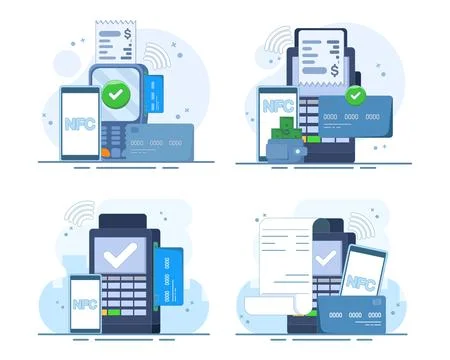 NFC payment set, contactless transactions, POS terminal, credit card. Stockillustratie