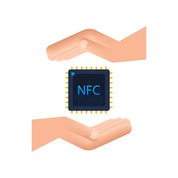 NFC processor icon with hands. NFC chip. Near field communication. Vector stock Stock Illustration