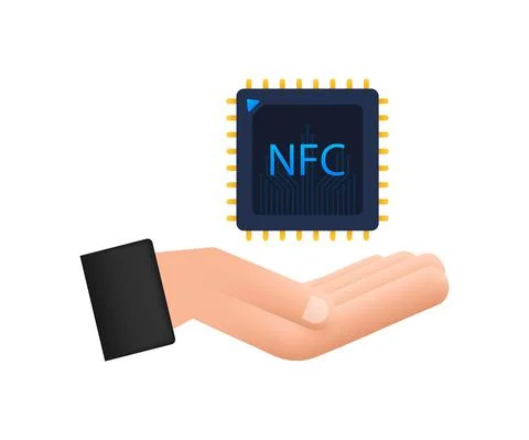 NFC processor icon with hands. NFC chip. Near field communication. Vector stock Stockillustratie
