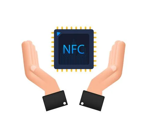 NFC processor icon with hands. NFC chip. Near field communication. Vector stock Stock Illustration