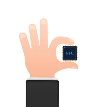 NFC processor icon with hands. NFC chip. Near field communication. Vector stock Stock Illustration