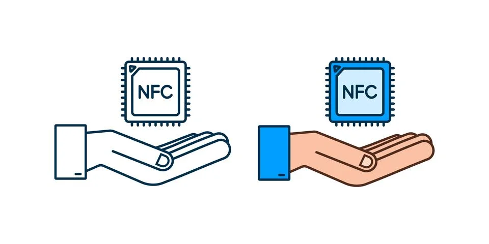 NFC processor icon with hands. NFC chip. Near field communication. Vector stock Stockillustratie