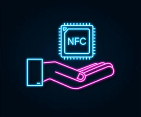 NFC processor neon icon with hands. NFC chip. Near field communication. Vector Illustrazione stock