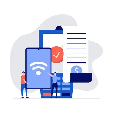 NFC technology concept with characters, bill, smartphone, credit card and p.. Stock Illustration