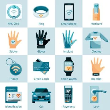 NFC Technology Icons Set Flat Style Stock Illustration