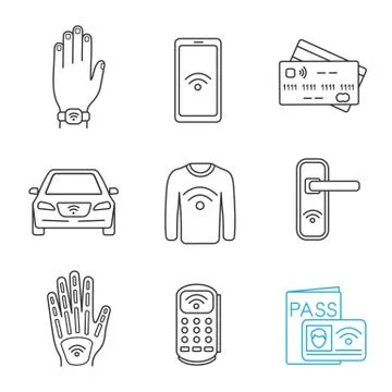 NFC technology linear icons set Stock Illustration