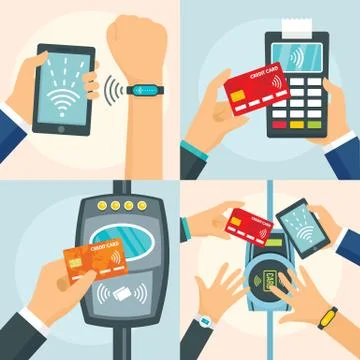 Nfc technology process banner set, flat style Stock Illustration