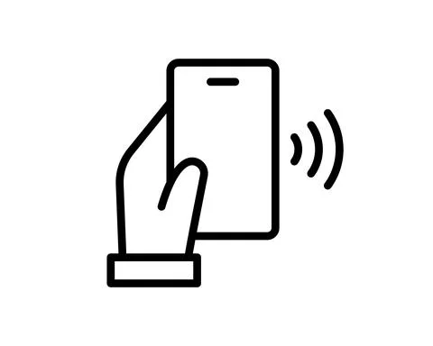 NFC technology vector icon. Hand holding Phone, Smartphone, wawe simple line  Stock Illustration