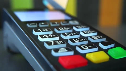 NFC transaction using POS device. POS payment with digital wallet Stock Footage 265020947