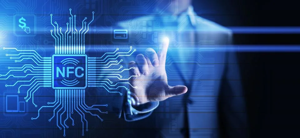 NFC Wireless communication technology Digital payment concept. Stockfoto's