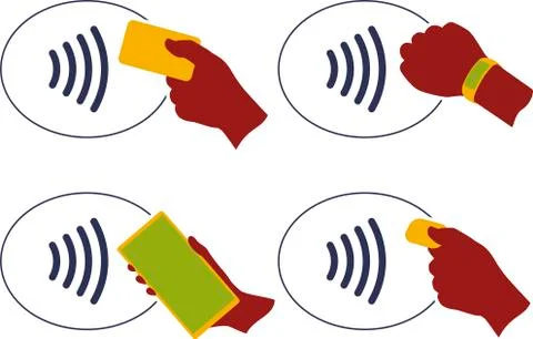 NFC wireless payment method icon set with hands set. Illustrazione stock