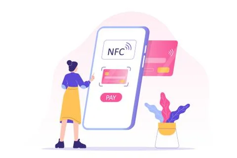 NFC wireless payment technology concept. Young woman using NFC to make paymen Stock Illustration
