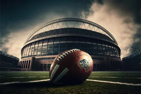 Nfl, ball on ground with stadium background, green grass, Made by AI,Artifi.. Stock Illustration