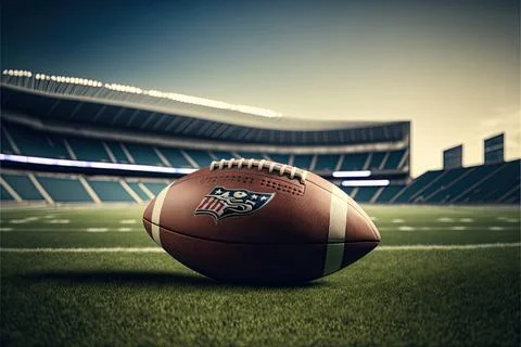 Nfl, ball on ground with stadium background, green grass Stock Illustration