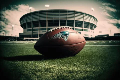 Nfl, ball on ground with stadium background, green grass, Made by AI Stock Illustration