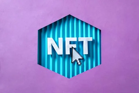 NFT 3D letters and mouse arrow as a concept of blockchain technologies of the 스톡 일러스트
