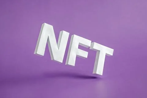 NFT 3D text on a purple background in levitation. Minimal concept of modern Stock Photos