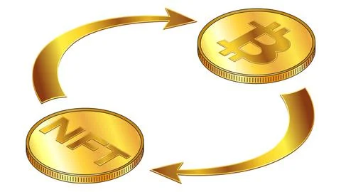 NFT and Bitcoin circulation isometric concept with gold coins and cyclical ar Stock-Illustration