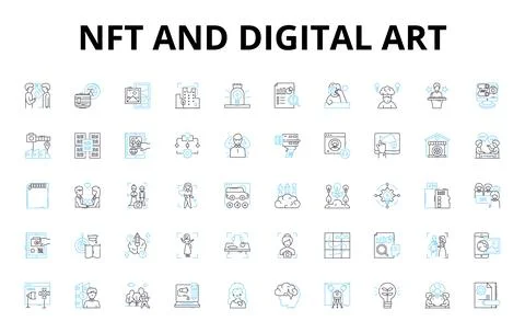 NFT and digital art linear icons set. Cryptocurrency, Blockchain, Tokenization Stock Illustration