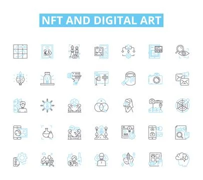 NFT and digital art linear icons set. Cryptocurrency, Blockchain, Tokenization Stock Illustration