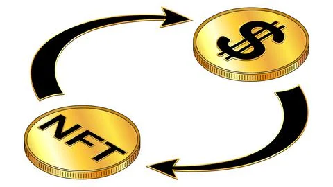 NFT and Dollar USD circulation isometric concept with black symbols on gold coin Stock Illustration
