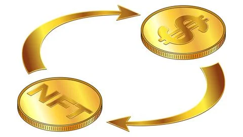 NFT and Dollars USD circulation isometric concept with gold coins Stock Illustration