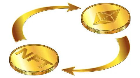 NFT and Ethereum ETH circulation isometric concept with gold coins and arrows Stock Illustration