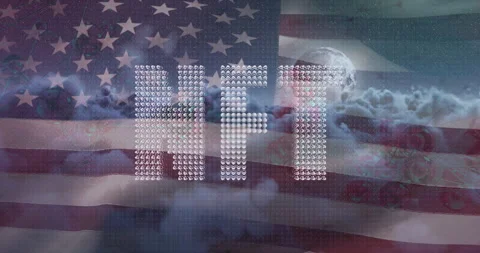 NFT animation over American flag with digital and cloud elements in background Stock Footage 306240195