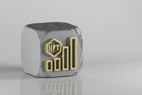 NFT Bar Chart icon. Beautiful Golden NFT symbol icons on a beton cube and cer Stock Illustration