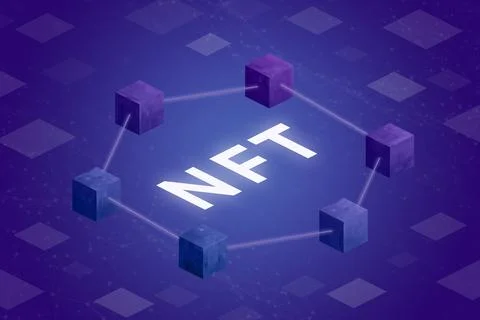 NFT with blockchain blocks in isometric hexagonal position with grid nodes an Foto stock