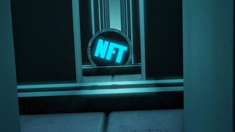 NFT coin animation 3D rendering. An NFT coin rolls along a rail Stock Illustration