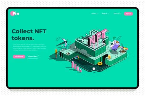 NFT concept 3d isometric outline landing page. Selling digital art works and Stock Illustration