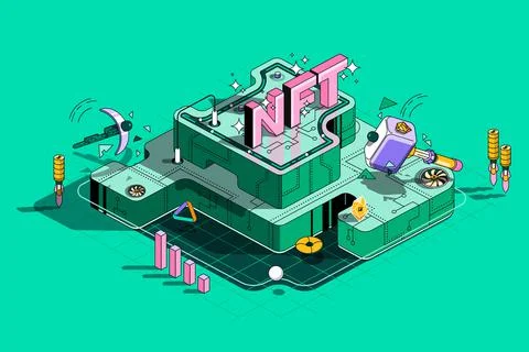 NFT concept 3d isometric outline web design. Selling digital art works and Stockillustratie