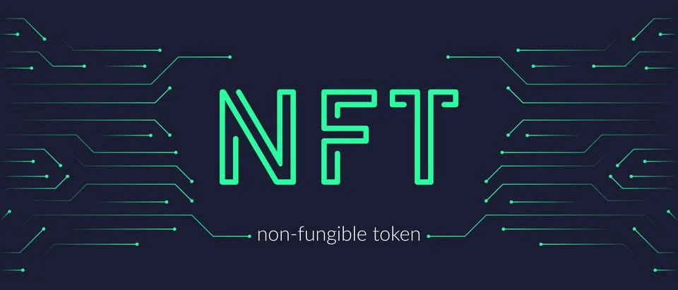 NFT concept, blockchain technology, cryptocurrency. Illustrazione stock