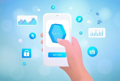NFT concept vector illustration. The drawn hand holds a smartphone with nft Stock Illustration